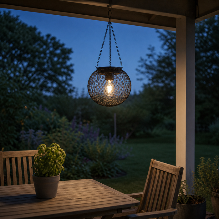 Lanterne Solaire Suspendue – Cage Métal Vintage Ampoule Edison