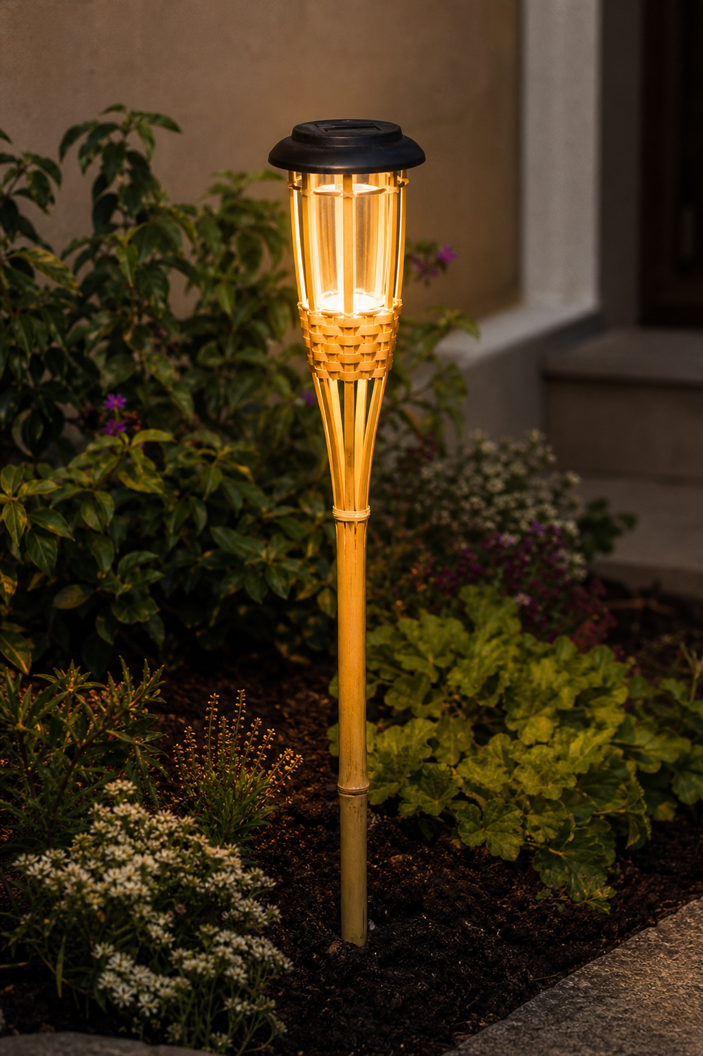 Torche Solaire Bambou – 1 pièce – Effet Flamme Dansante – Éclairage de Jardin & Allée